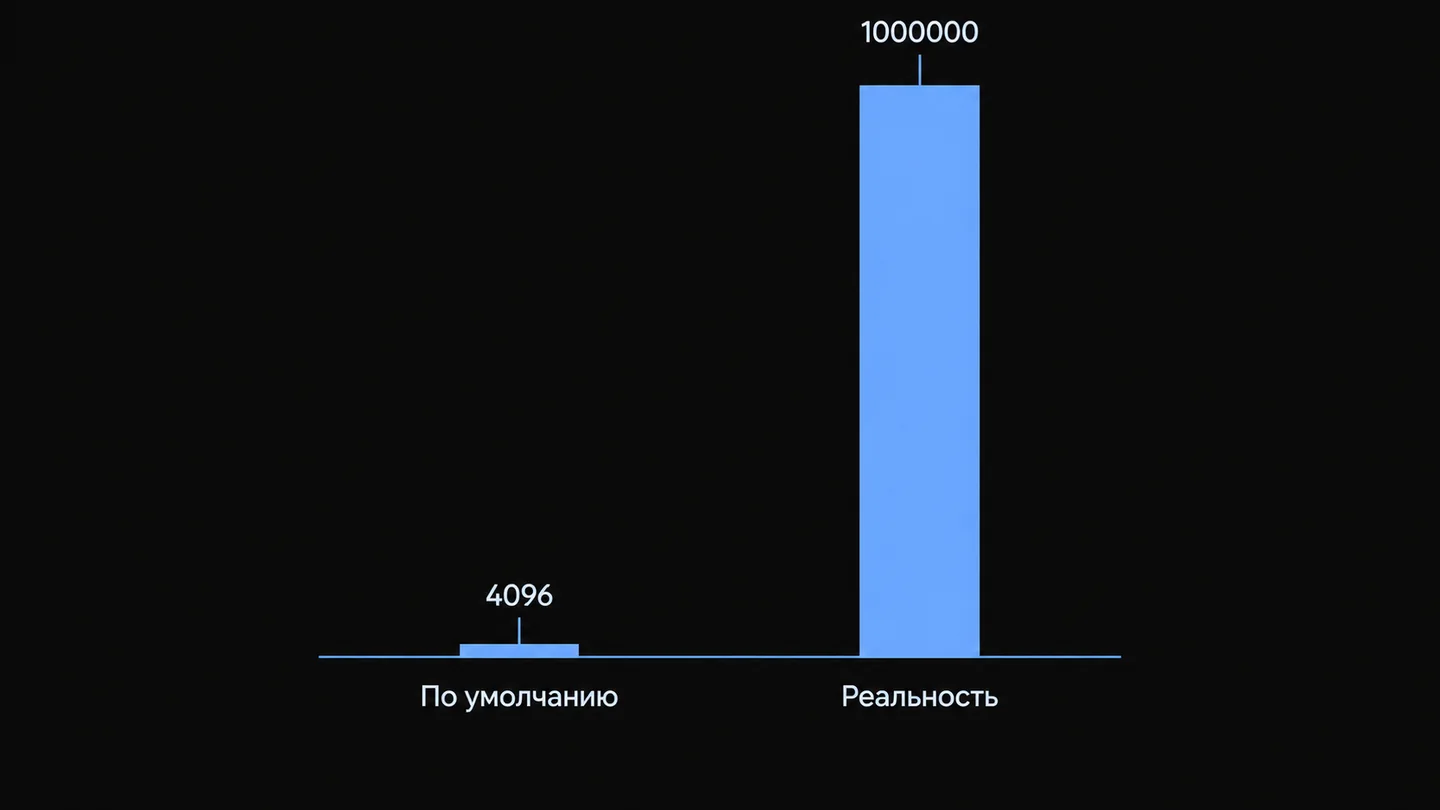 Столбчатая диаграмма: 4096 токенов контекста по умолчанию в Dify против 1 000 000 у Gemini 3.1 Flash Lite.