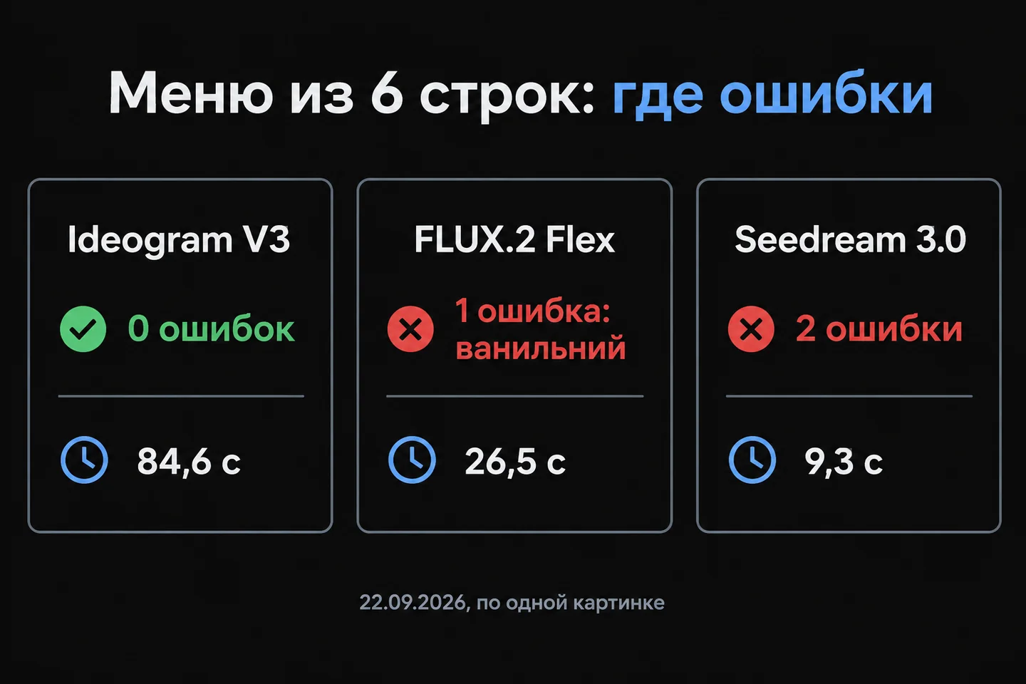 Ошибки в меню из шести строк у Ideogram V3, FLUX.2 Flex и Seedream 3.0