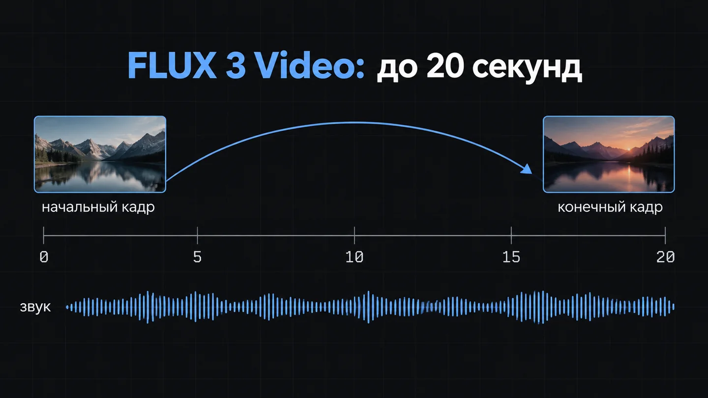 Шкала ролика FLUX 3 Video на 20 секунд: начальный и конечный кадр, под ними дорожка звука.