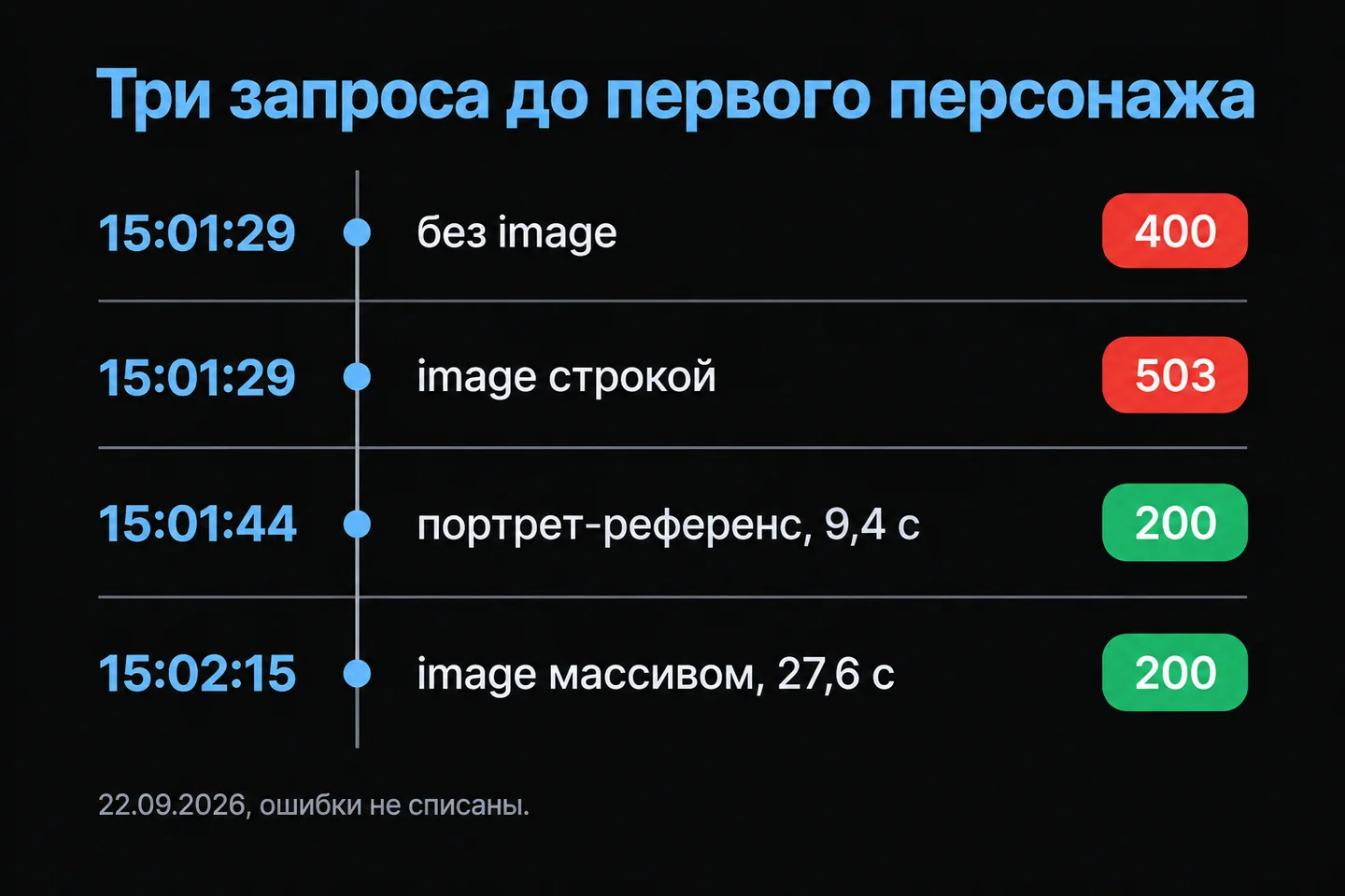 Хронология четырёх запросов к Ideogram Character: 400, 503, 200, 200