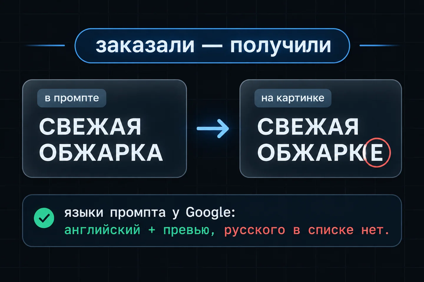 Схема: в промпте надпись СВЕЖАЯ ОБЖАРКА, на картинке получилось СВЕЖАЯ ОБЖАРКЕ