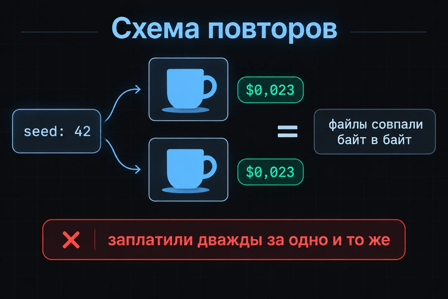 Схема: два запроса с seed 42 вернули одинаковые файлы, оплачены оба