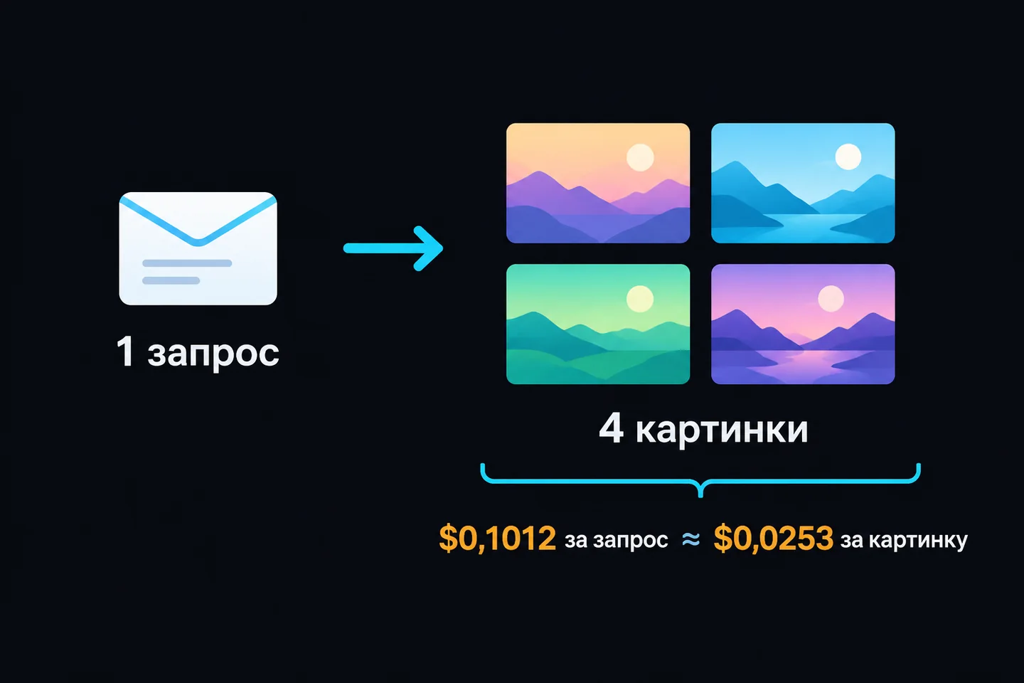 Один запрос к Midjourney V7 возвращает сетку из четырёх картинок, цена указана за весь запрос.
