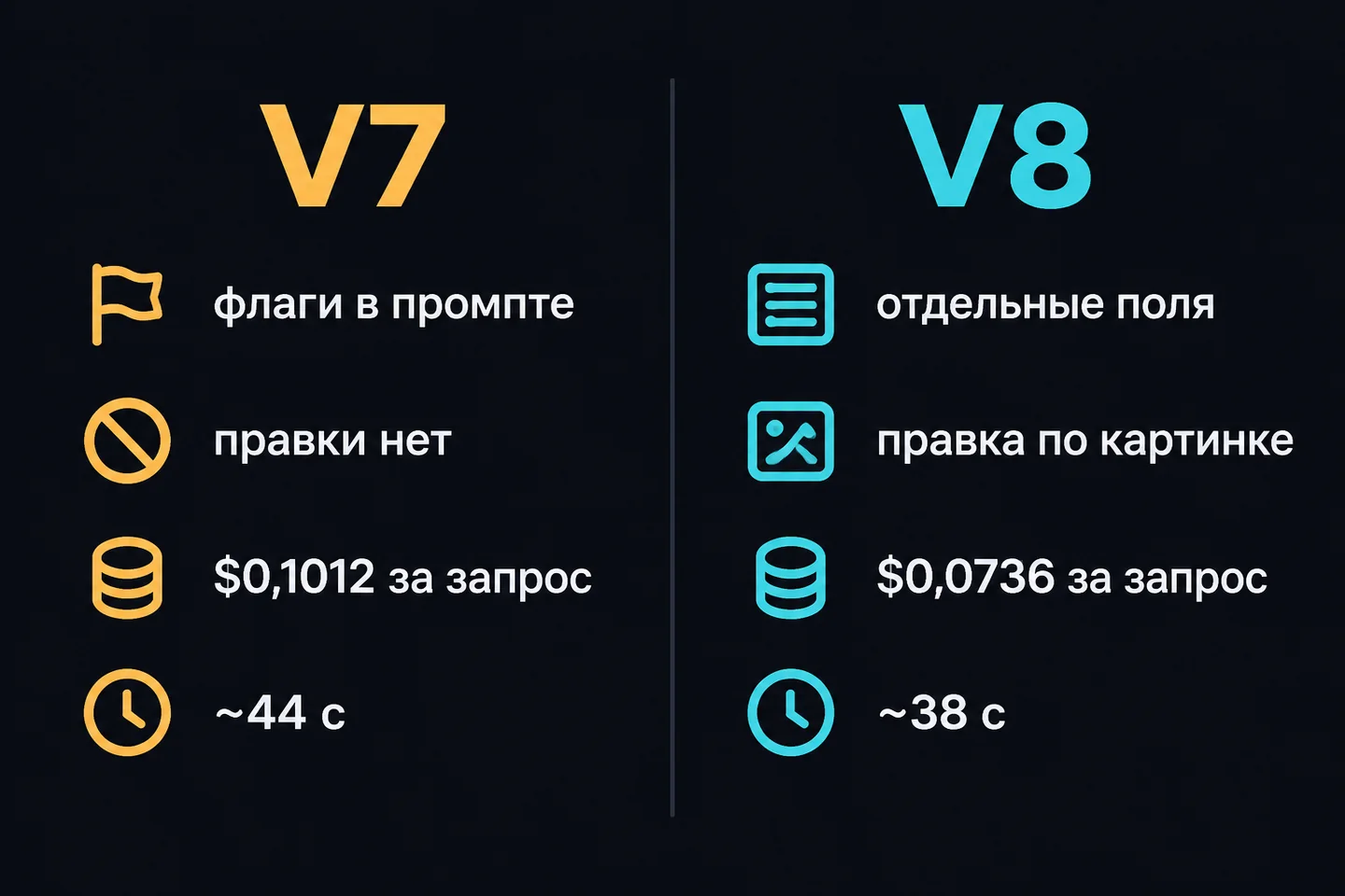 Сравнение Midjourney V7 и V8 по API: способ настроек, правка по картинке, цена за запрос и время прогона.