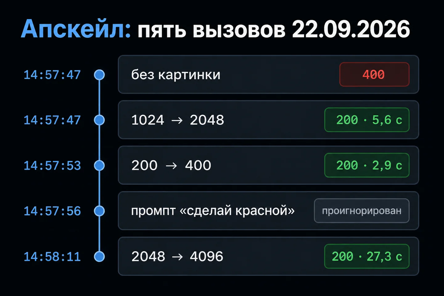 Лента времени пяти вызовов апскейла 22.09.2026: 400, три ответа 200 и проигнорированный промпт