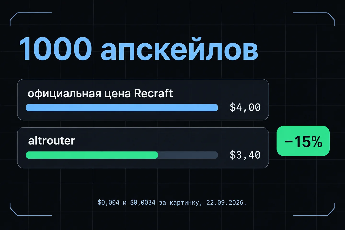 Стоимость 1000 апскейлов: $4 по официальной цене Recraft и $3,40 в altrouter